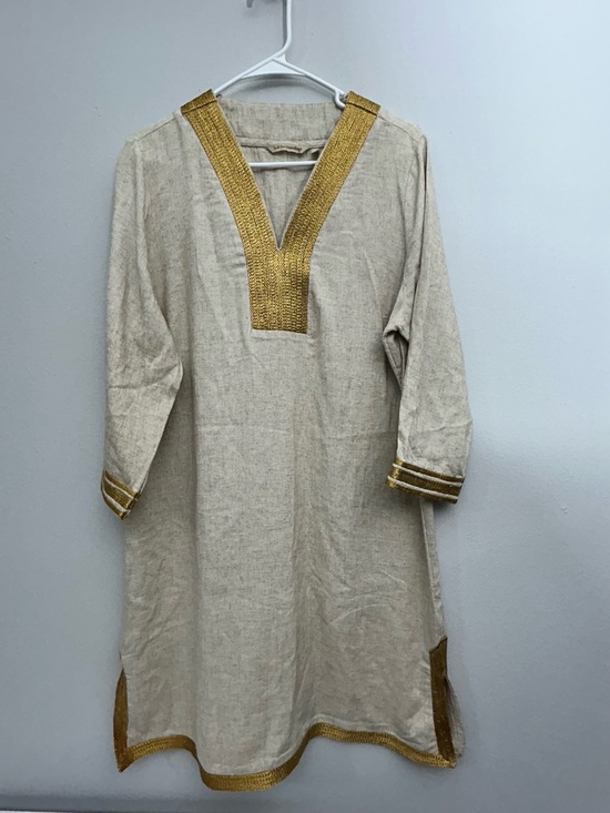 Coldwater Creek Tops - Coldwater Creek Cream Tunic with V Neck Gold Trim Accents Linen Blend Size L